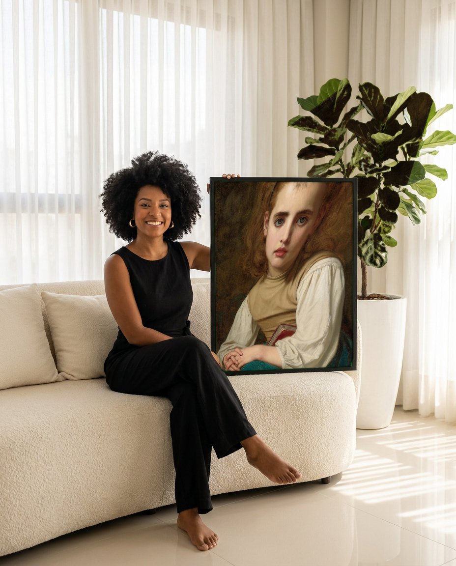 Quadro Decorativo A Jovem Leitora - Hugues Merle com modelo em ambiente