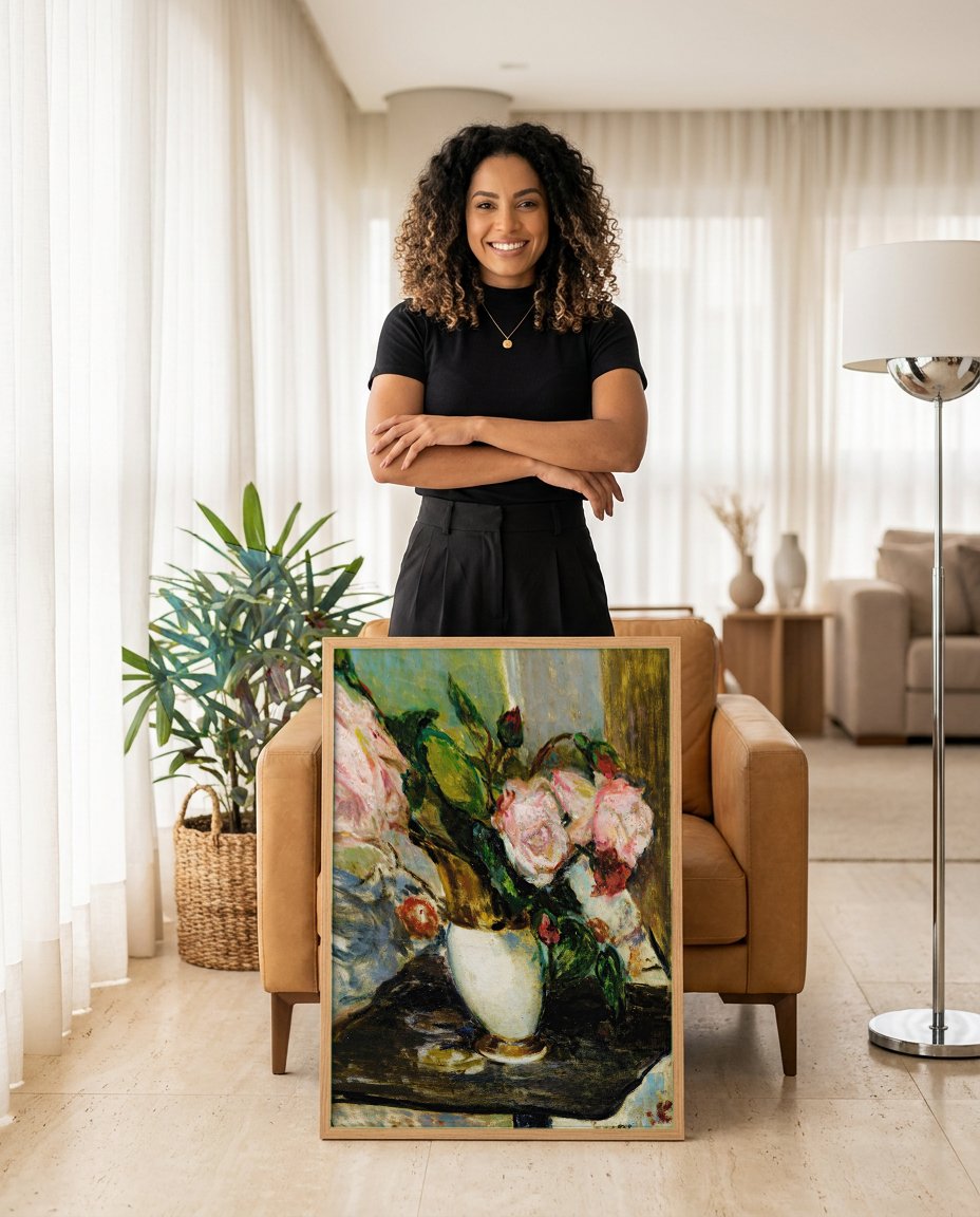 Quadro Decorativo Rosas em Vaso - Jacques Émile Blanche com modelo em ambiente