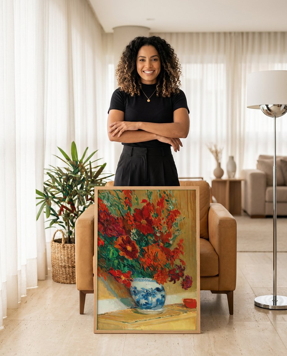 Quadro Decorativo 'Vaso de Flores' - Jacques Émile Blanche com modelo em ambiente