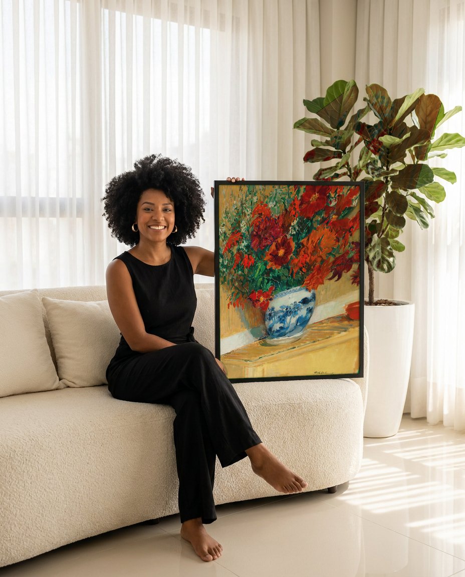 Quadro Decorativo 'Vaso de Flores' - Jacques Émile Blanche com modelo em ambiente