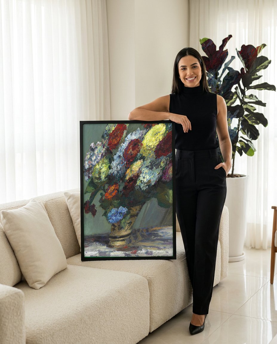 Quadro Decorativo Vaso de Flores - Jacques Émile Blanche com modelo em ambiente