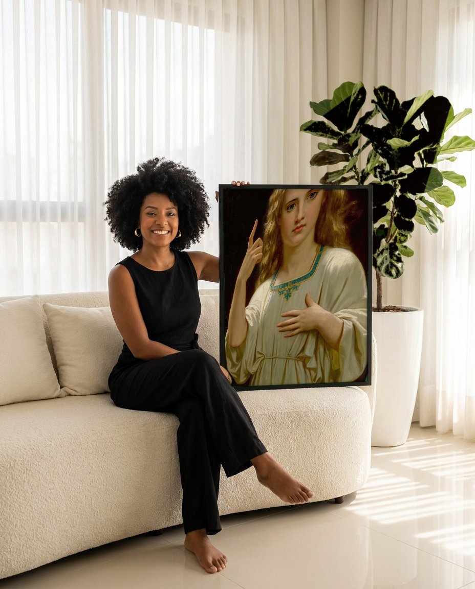 Quadro Decorativo A Voz Interior - Hugues Merle com modelo em ambiente