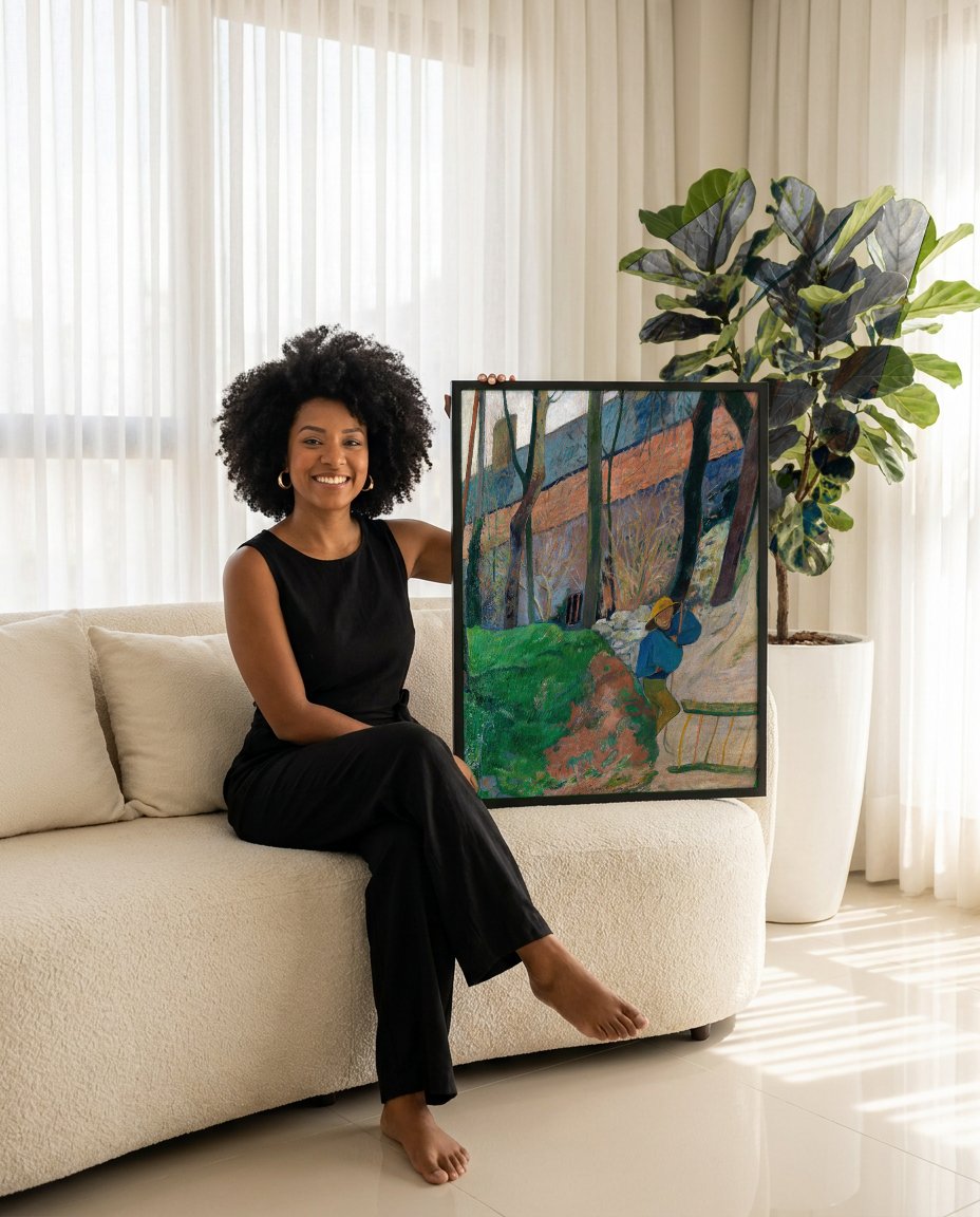 Quadro Decorativo A Casa Azul - Paul Gauguin com modelo em ambiente