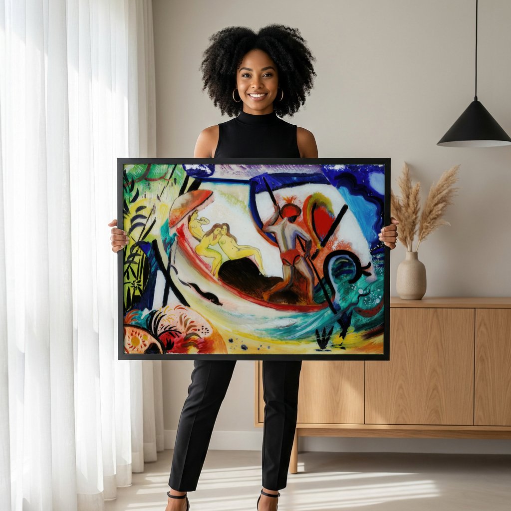 Quadro Decorativo Ninfas e Pescador - August Macke com modelo em ambiente