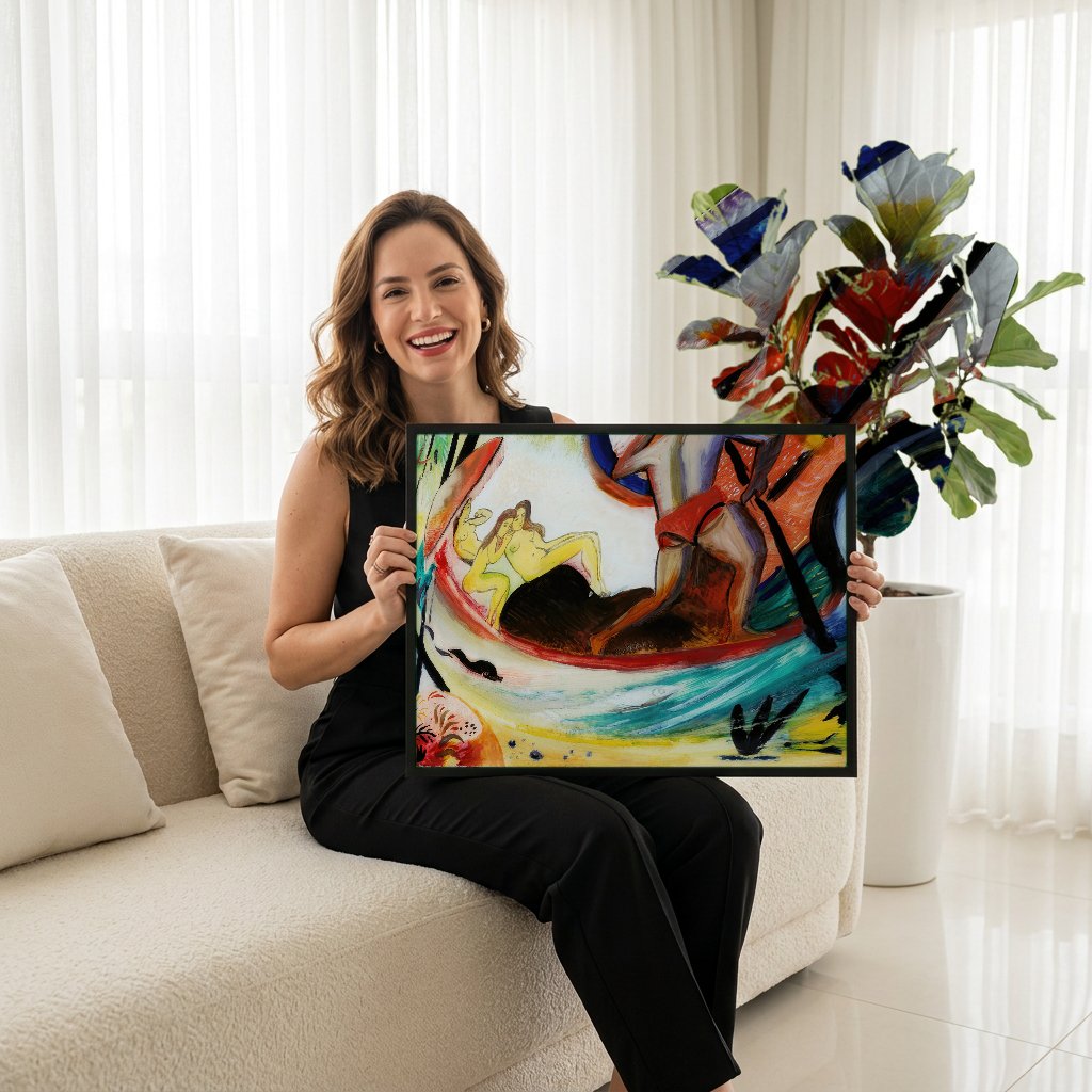 Quadro Decorativo Ninfas e Pescador - August Macke com modelo em ambiente