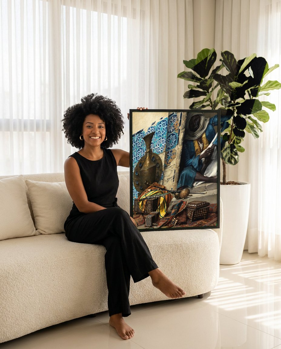 Quadro Decorativo O Vendedor de Antiguidades - Ludwig Deutsch com modelo em ambiente