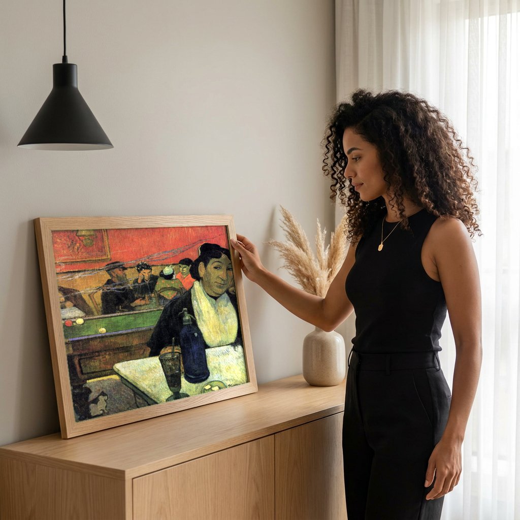 Quadro Decorativo Café à Noite - Gauguin com modelo em ambiente