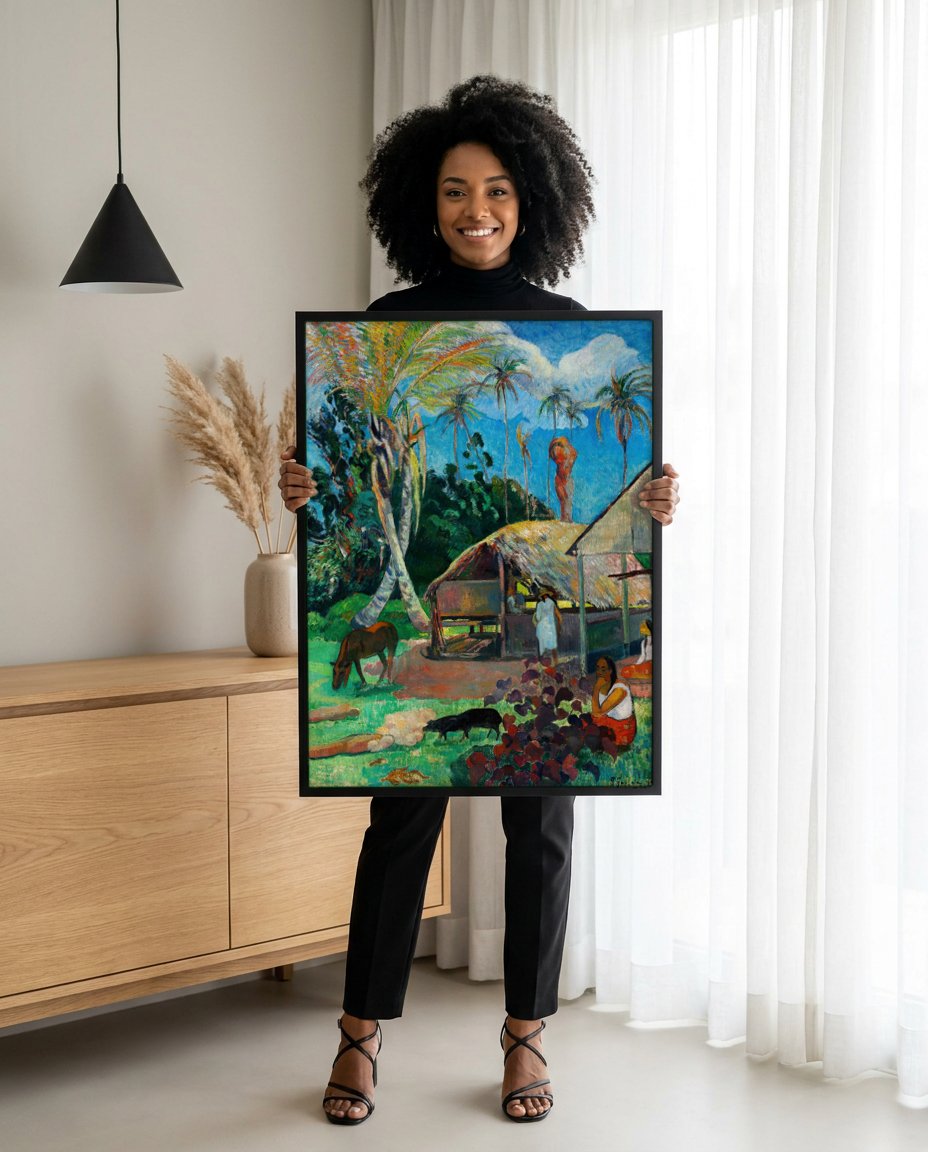 Quadro Decorativo Cena Tahitiana - Gauguin com modelo em ambiente