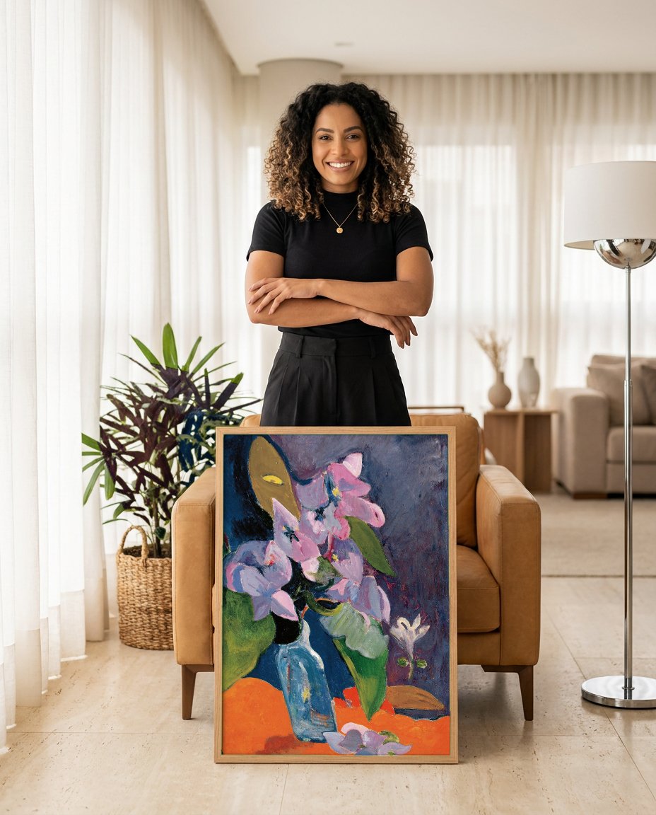 Quadro Decorativo Flores e Vaso - Gauguin com modelo em ambiente
