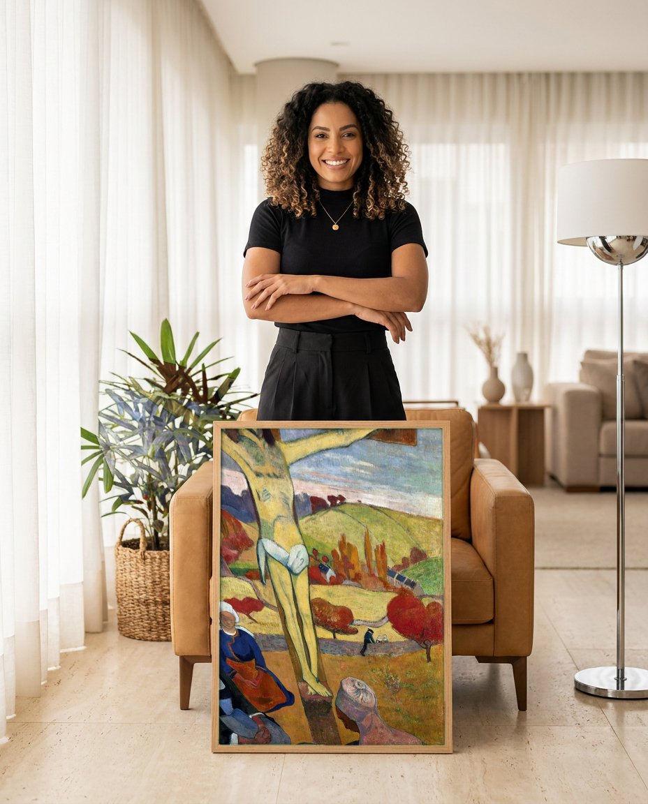 Quadro Decorativo Cristo Amarelo - Gauguin com modelo em ambiente