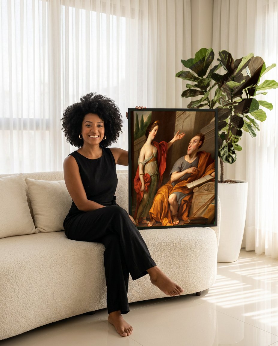 Quadro Decorativo Apolo e Musa da Arquitetura - Mengs com modelo em ambiente