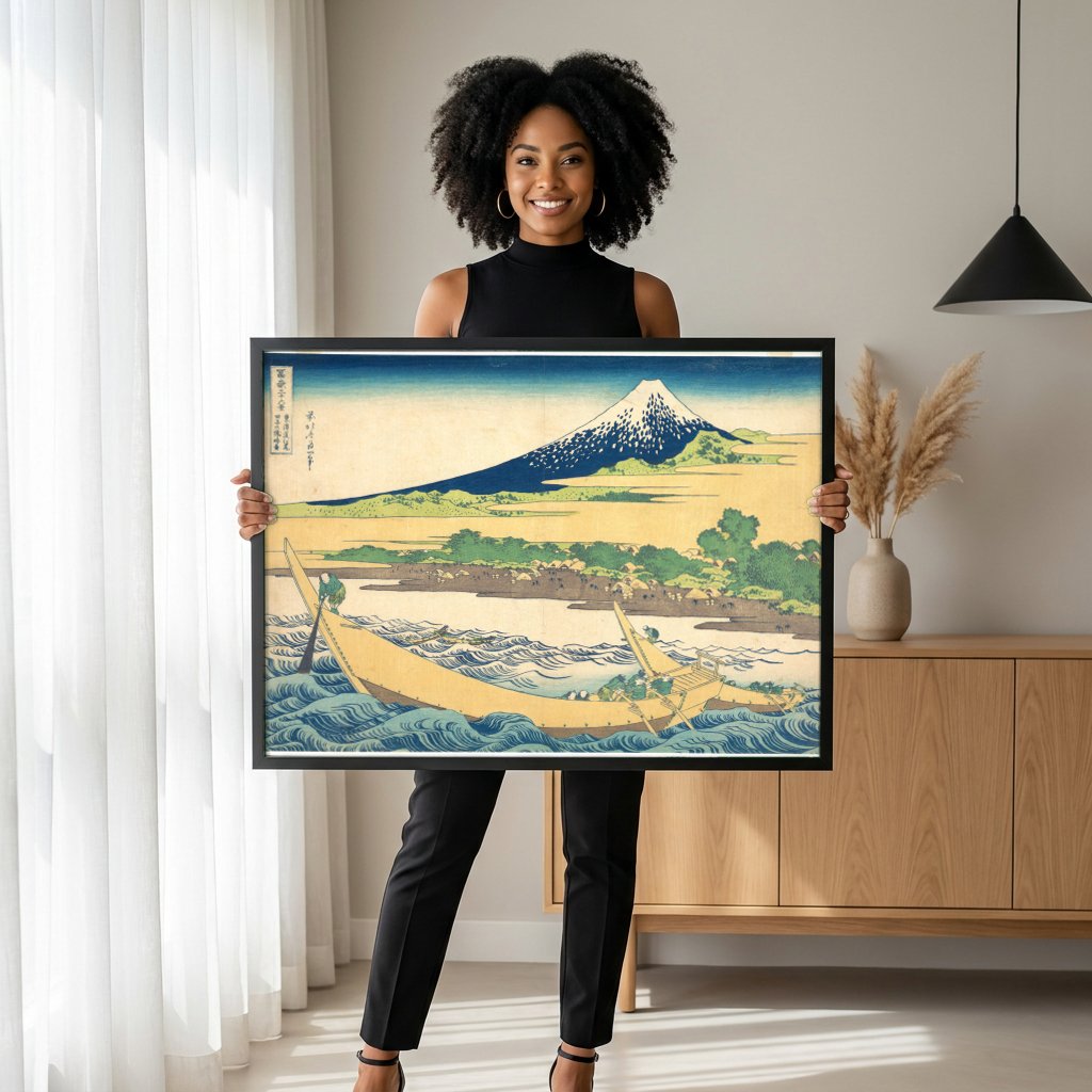 Quadro Decorativo A Passagem do Rio Fuji - Hokusai com modelo em ambiente