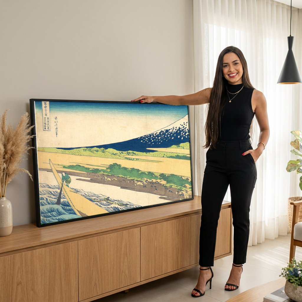 Quadro Decorativo A Passagem do Rio Fuji - Hokusai com modelo em ambiente
