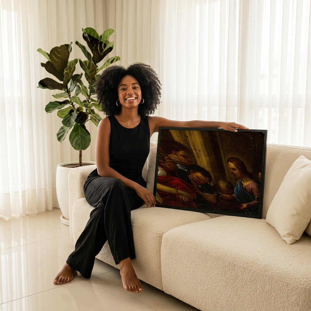 Quadro Decorativo Jesus e a Mulher Adúltera - Luca Giordano com modelo em ambiente