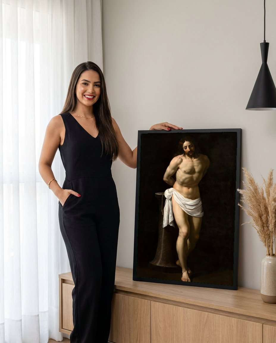 Quadro Decorativo Cristo Atado à Coluna - Guido Reni com modelo em ambiente