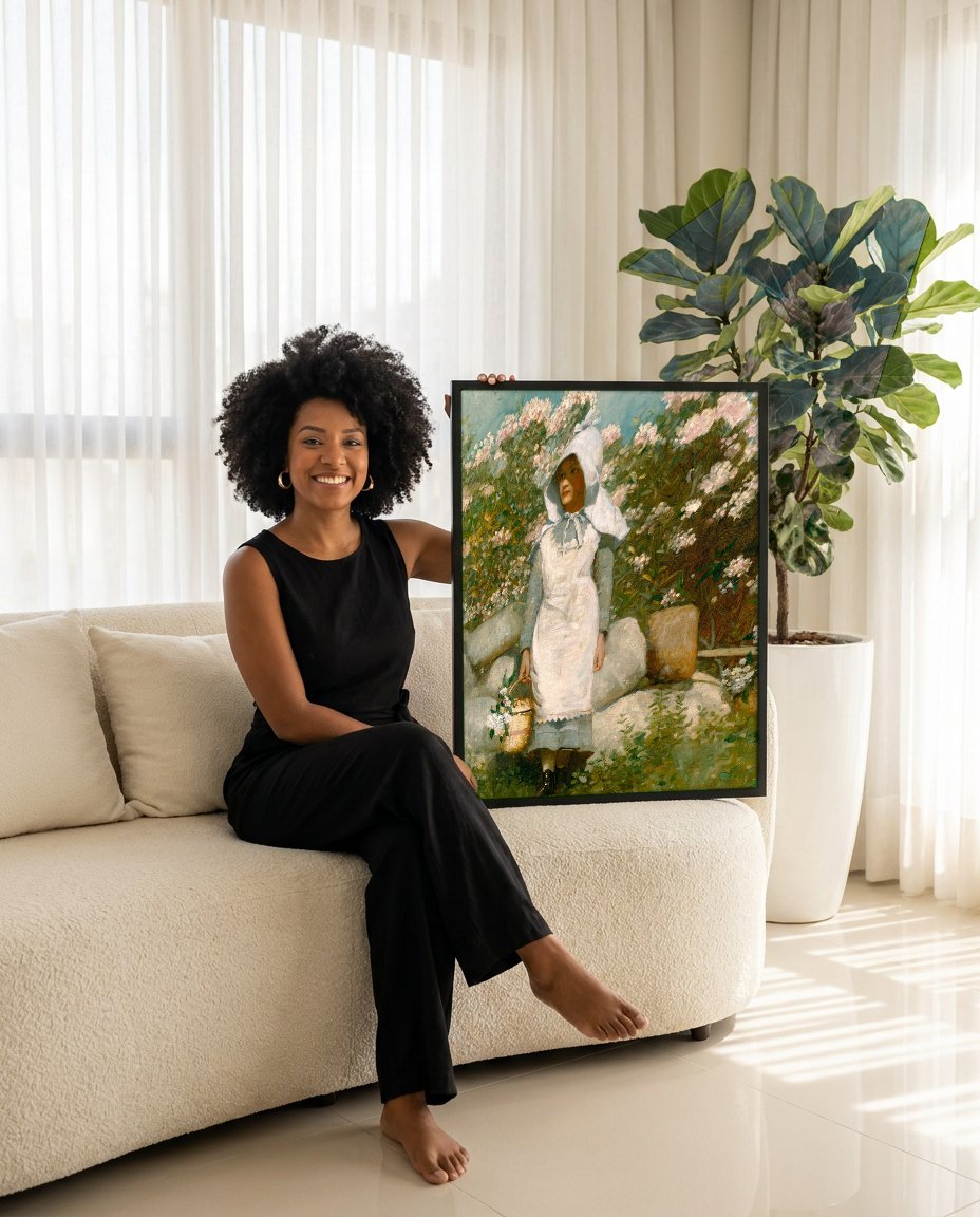 Quadro Decorativo 'Flower Garden and Bungalow' - Winslow Homer com modelo em ambiente
