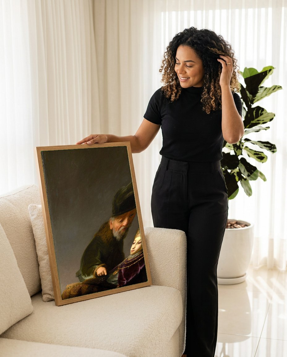 Quadro Decorativo 'O Erudito e seu Aluno' - Rembrandt com modelo em ambiente
