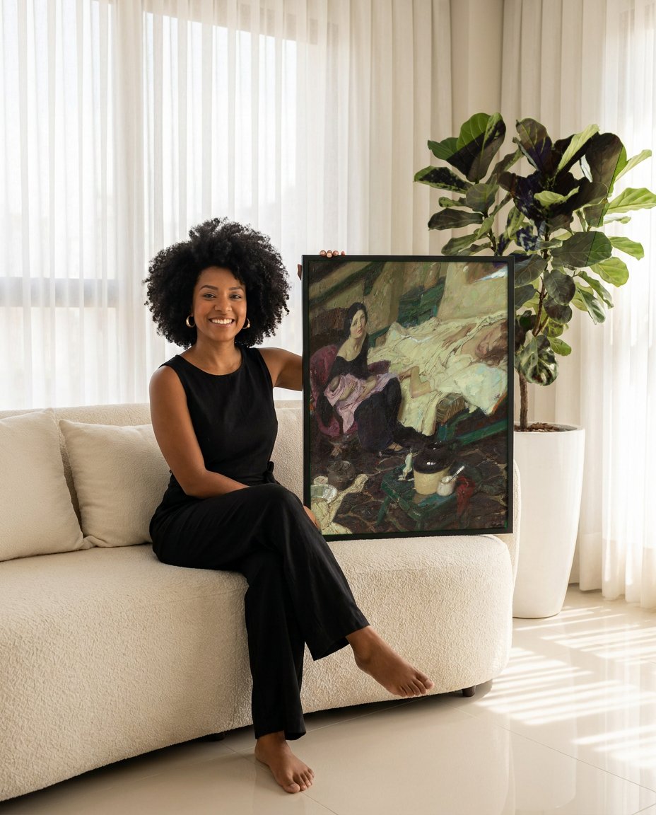 Quadro Decorativo Maternidade e Preocupação - Dean Cornwell com modelo em ambiente