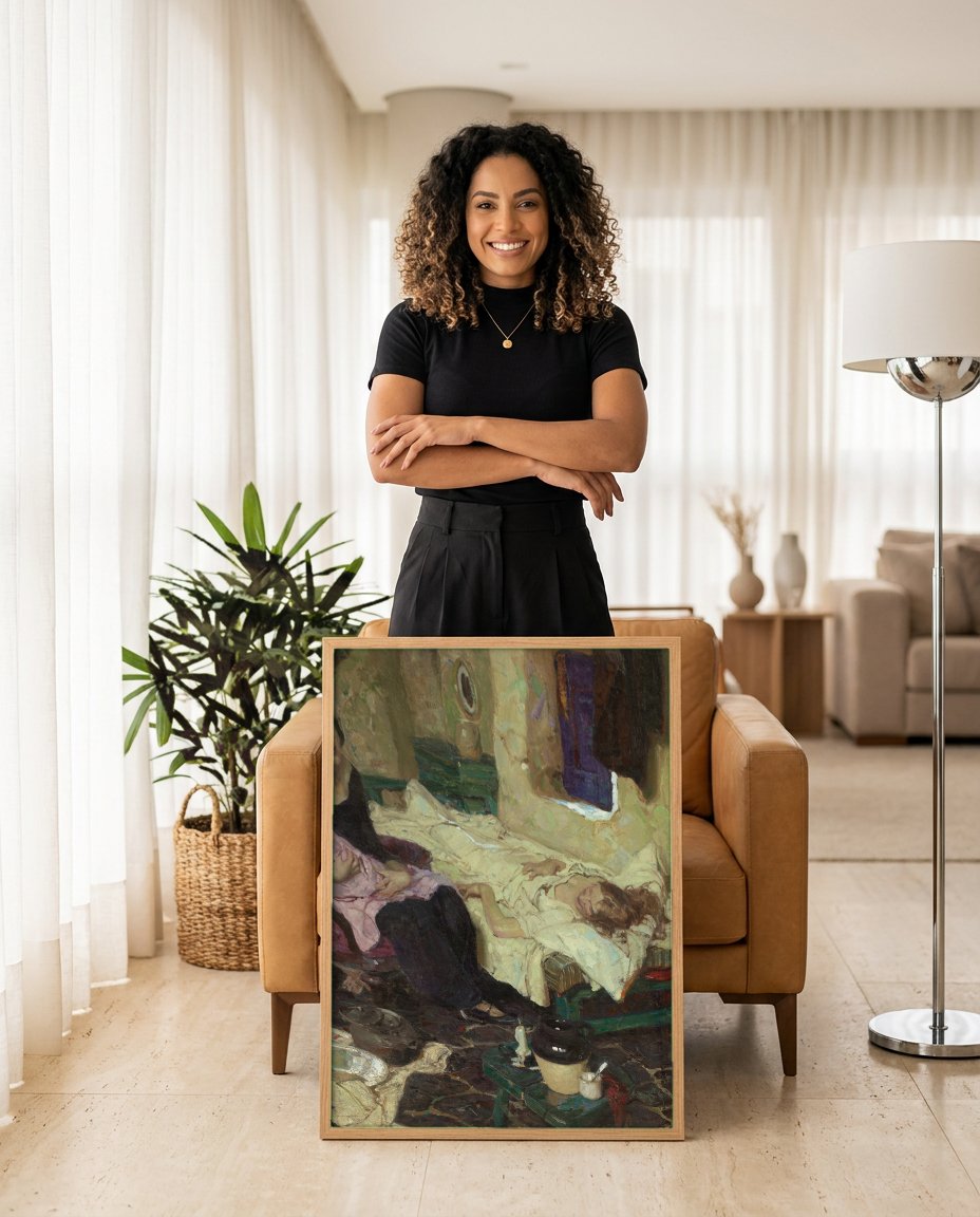 Quadro Decorativo Maternidade e Preocupação - Dean Cornwell com modelo em ambiente