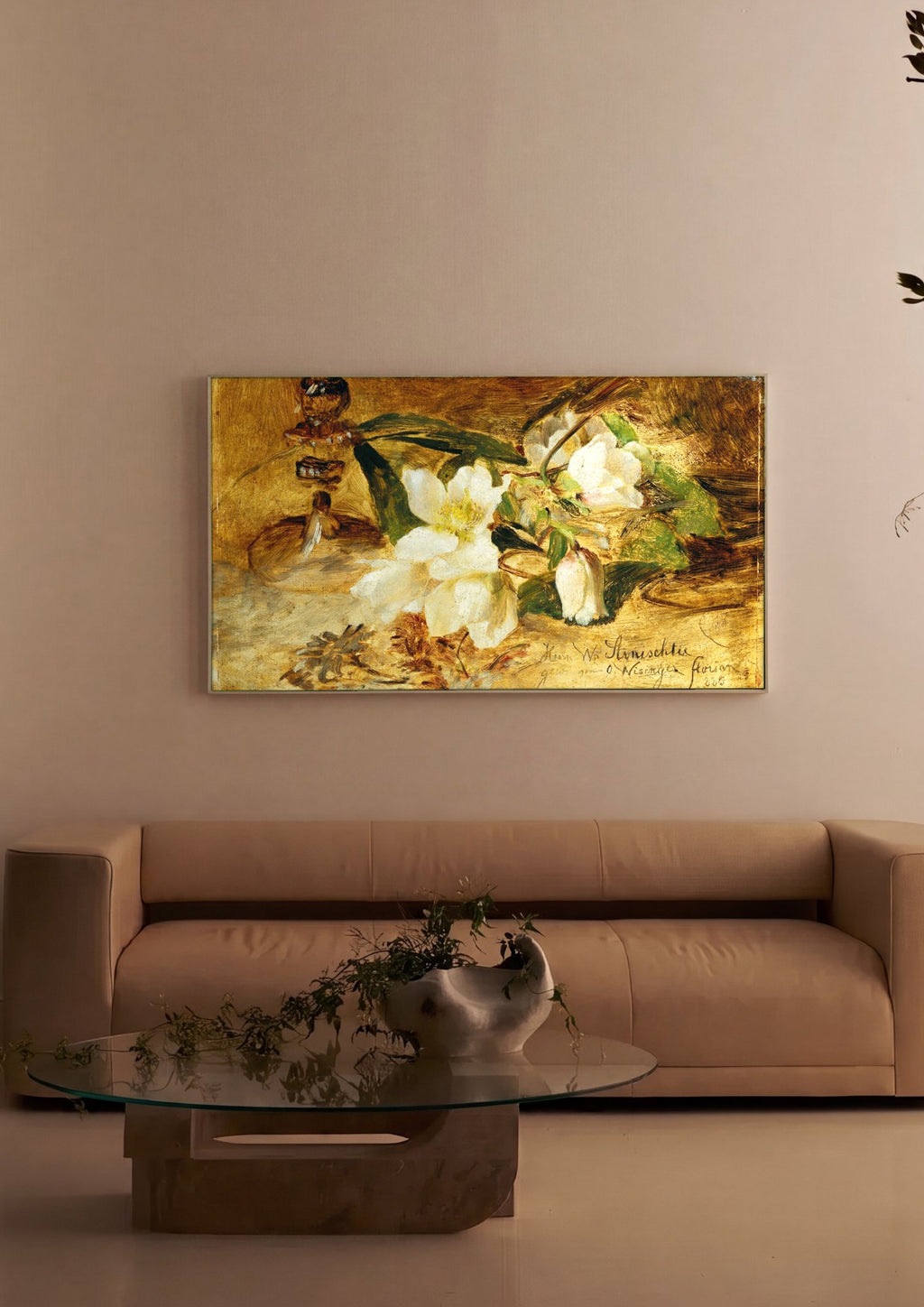 Quadro Decorativo Flores Brancas e Dourado - Olga Wisinger-Florian em ambiente decorado