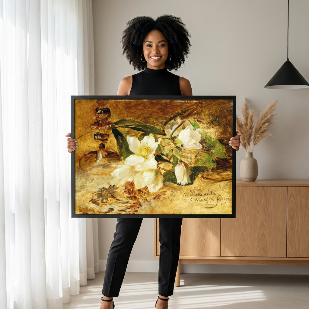 Quadro Decorativo Flores Brancas e Dourado - Olga Wisinger-Florian com modelo em ambiente