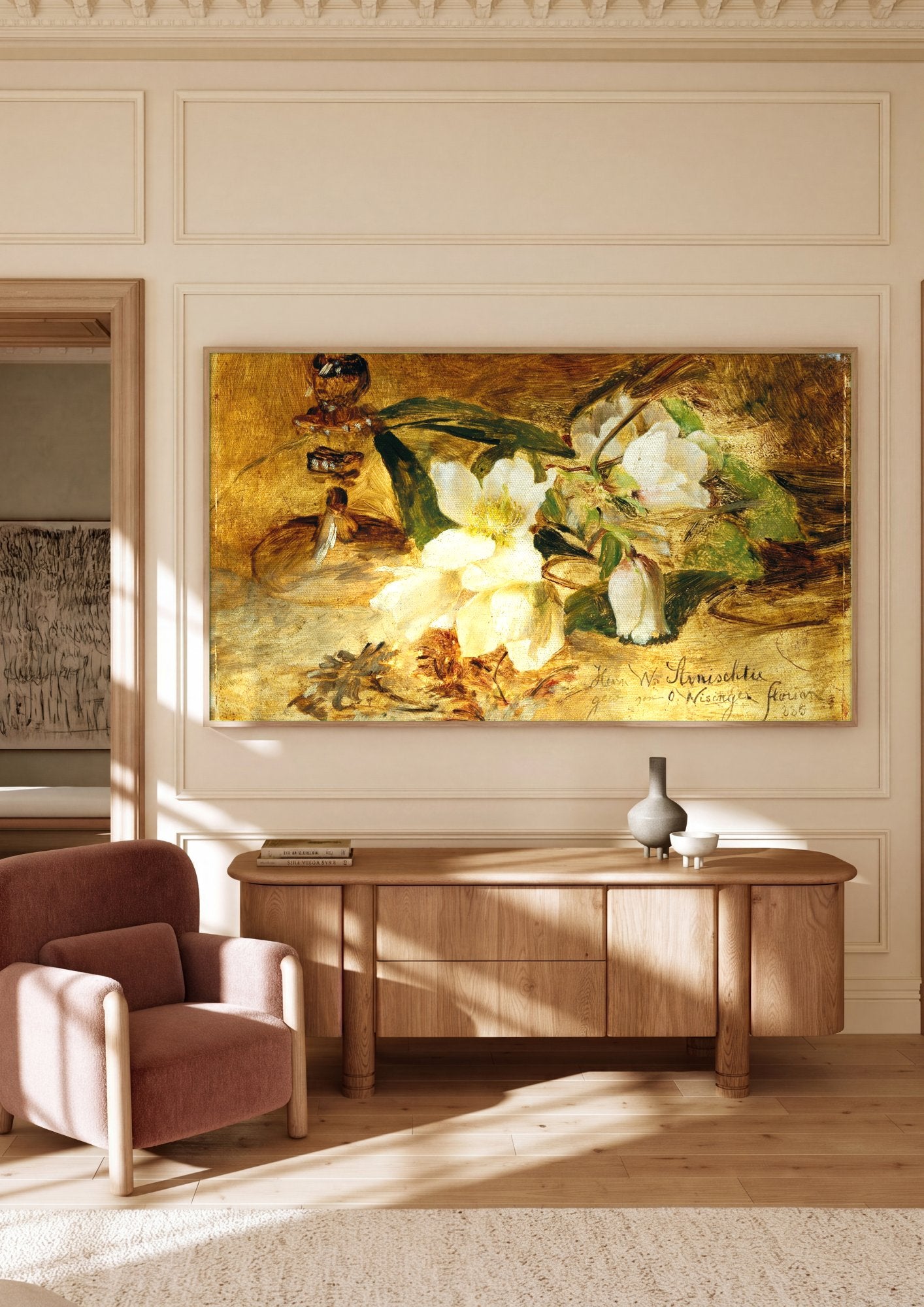 Quadro Decorativo Flores Brancas e Dourado - Olga Wisinger-Florian em ambiente decorado