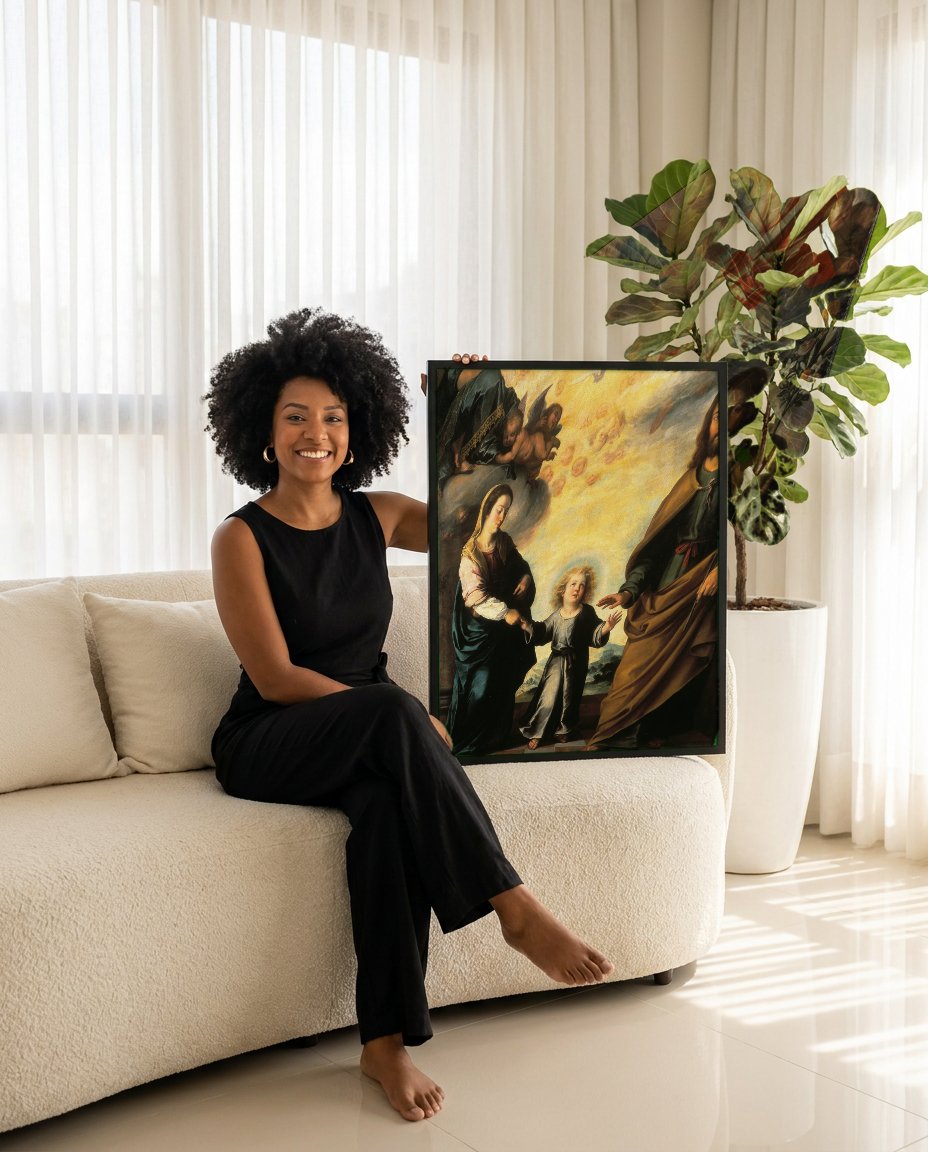 Quadro Decorativo A Sagrada Família - Murillo com modelo em ambiente