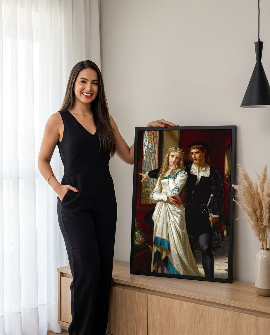 Quadro Decorativo A Despedida de Mercúrio e Herse - Hugues Merle com modelo em ambiente