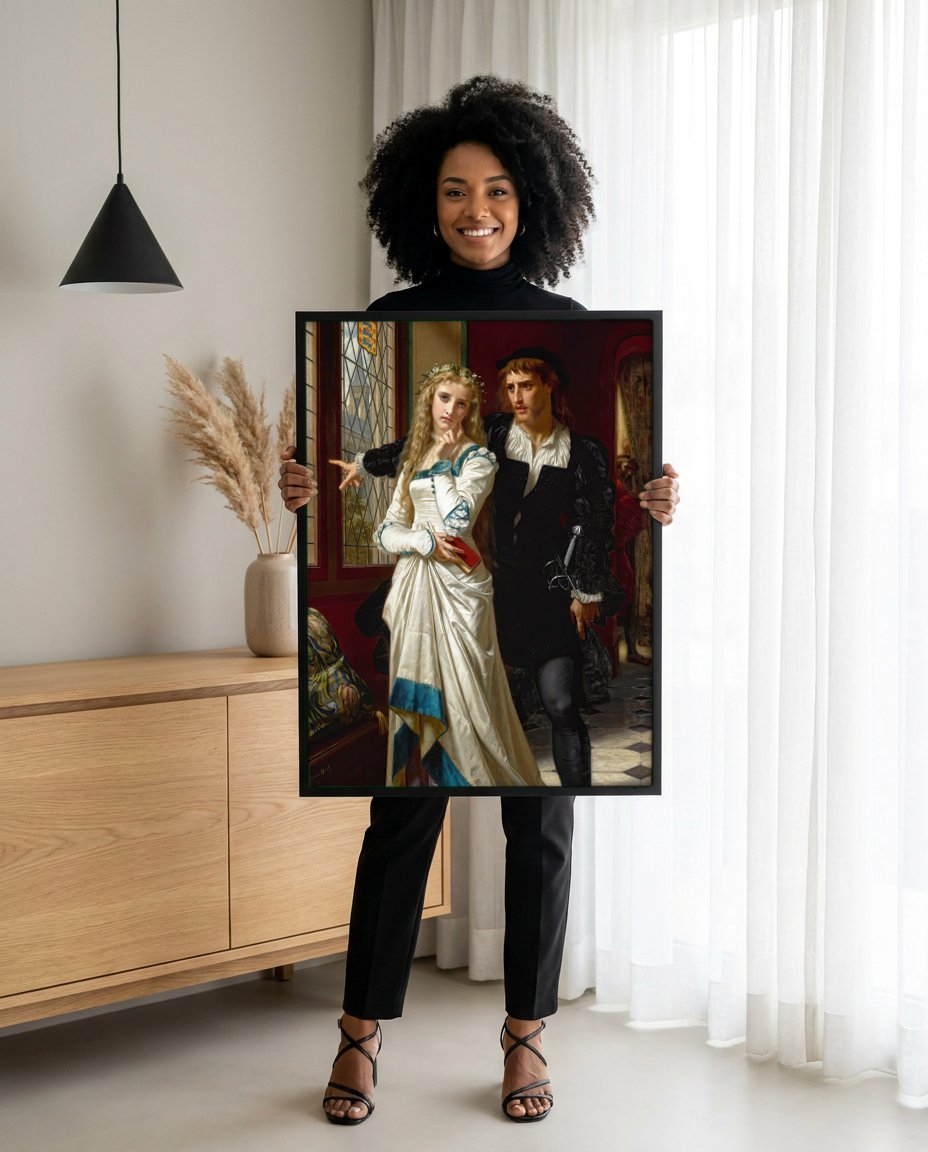 Quadro Decorativo A Despedida de Mercúrio e Herse - Hugues Merle com modelo em ambiente