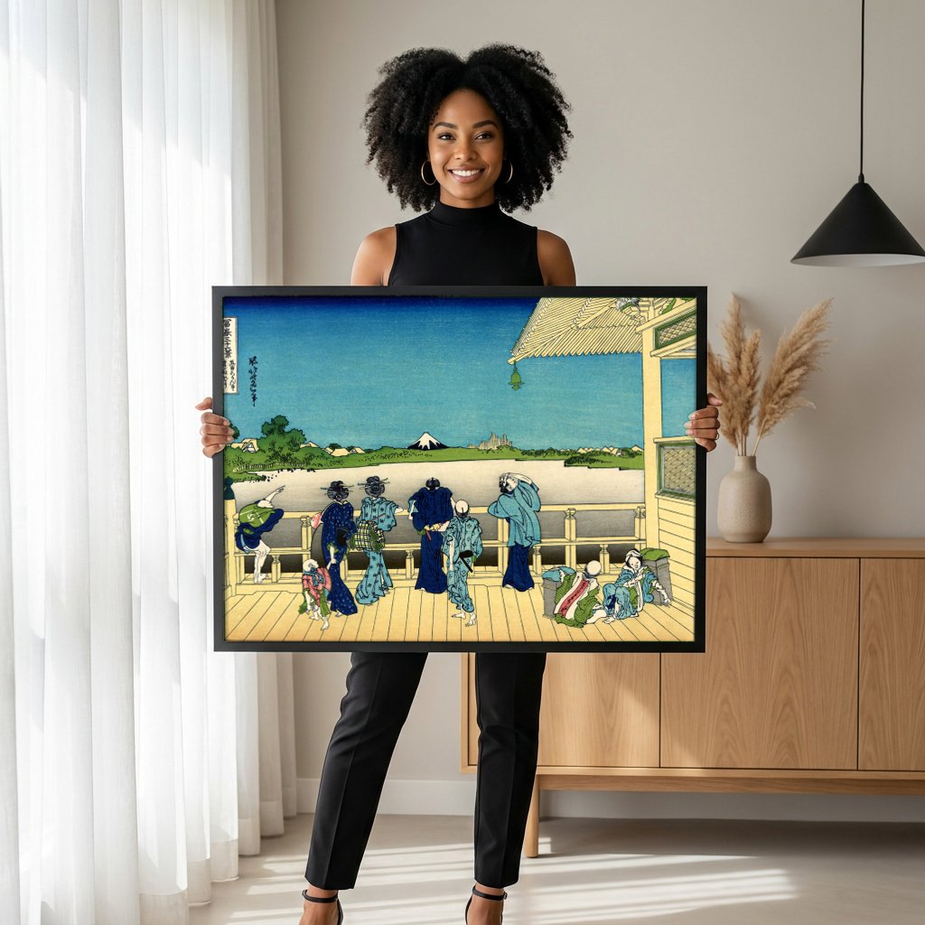 Quadro Decorativo A Ponte Sazanka - Hokusai com modelo em ambiente