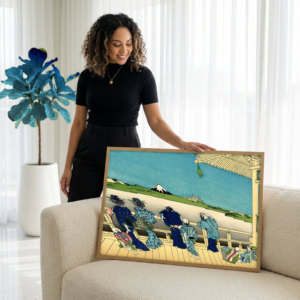 Quadro Decorativo A Ponte Sazanka - Hokusai com modelo em ambiente