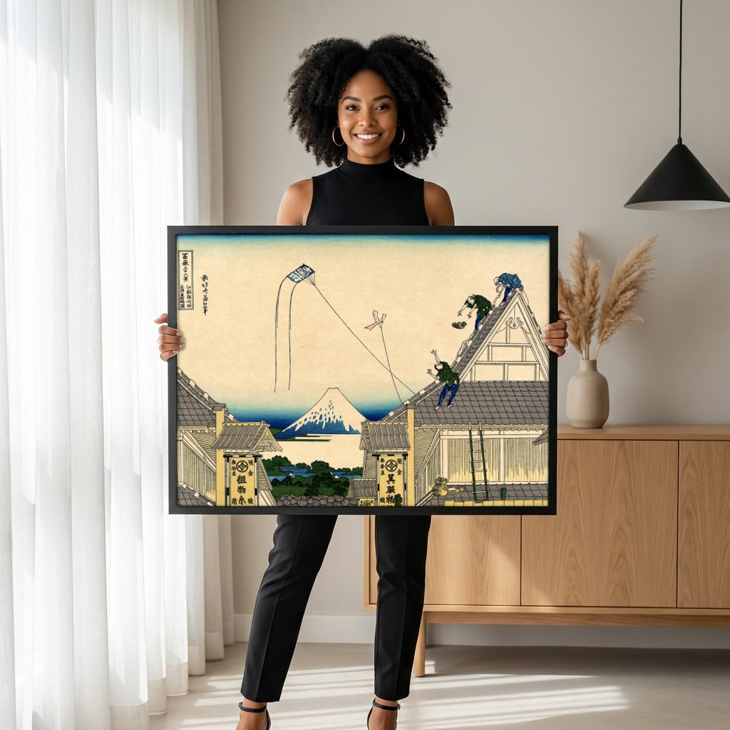 Quadro Decorativo 'A Pipa Quebrada' - Hokusai com modelo em ambiente