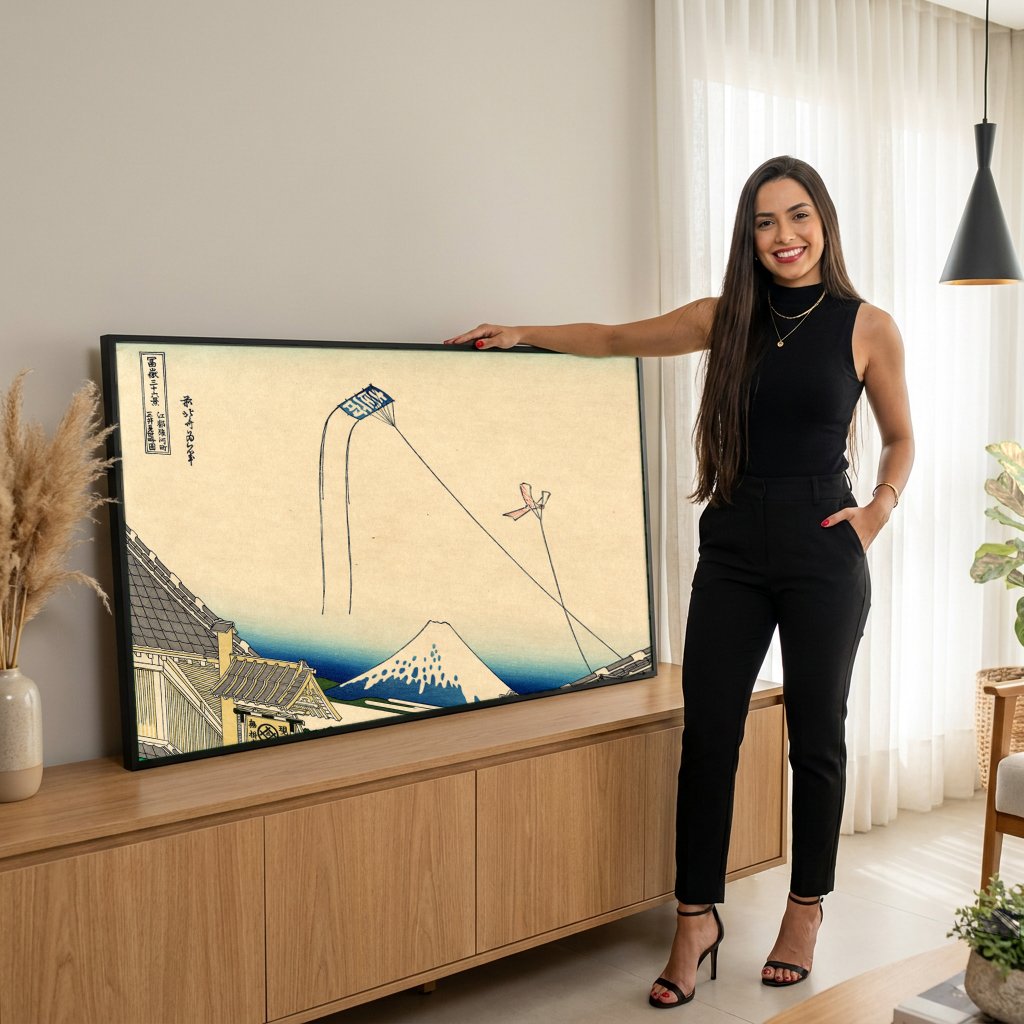 Quadro Decorativo 'A Pipa Quebrada' - Hokusai com modelo em ambiente