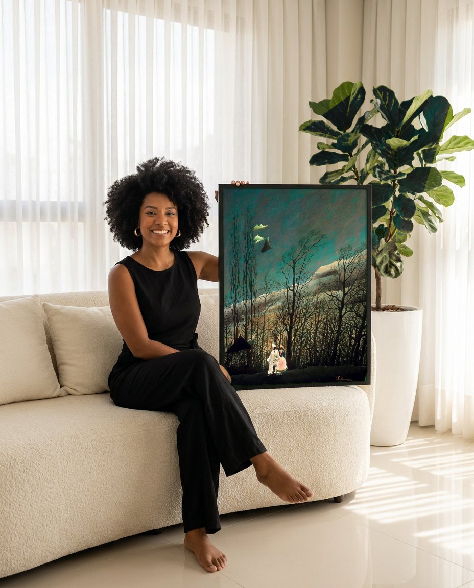 Quadro Decorativo Os Foliões - Henri Rousseau com modelo em ambiente