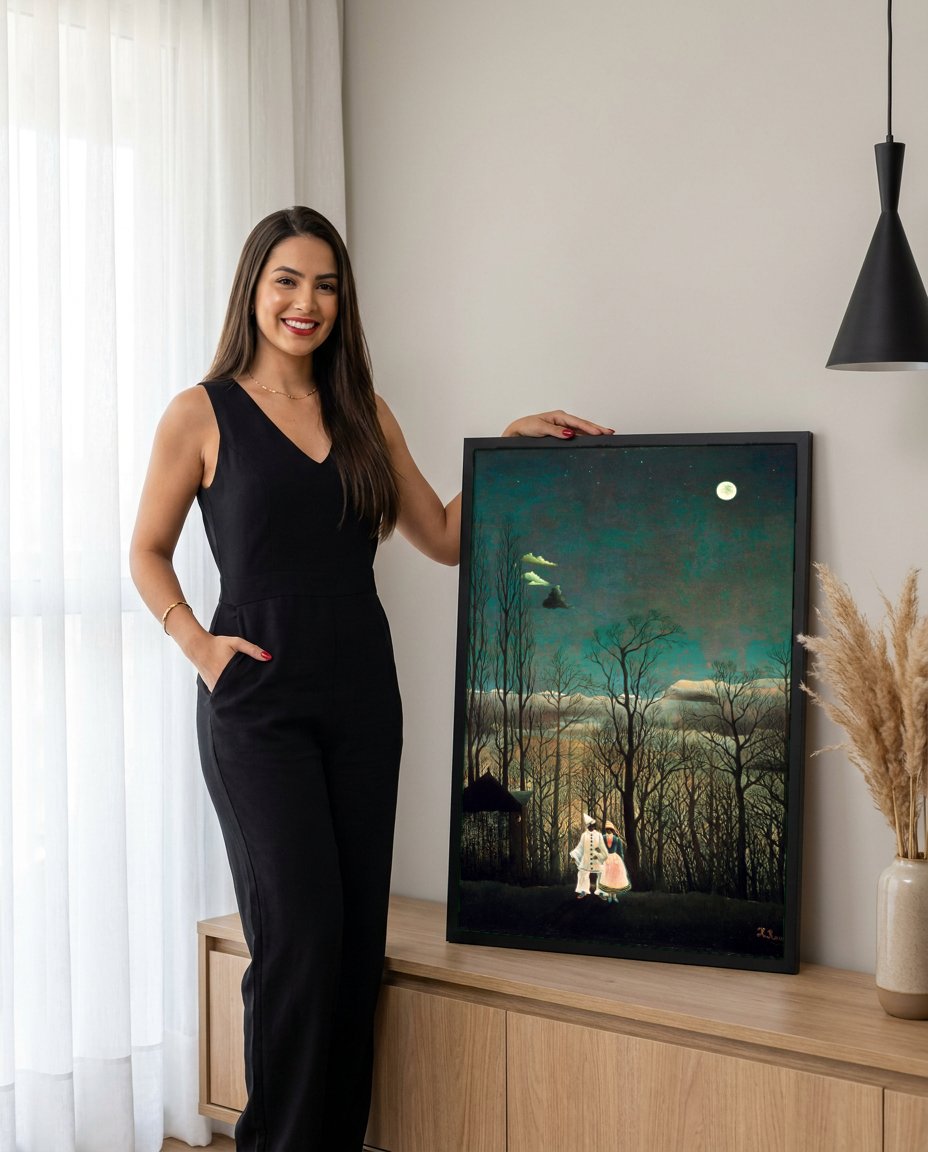 Quadro Decorativo Os Foliões - Henri Rousseau com modelo em ambiente