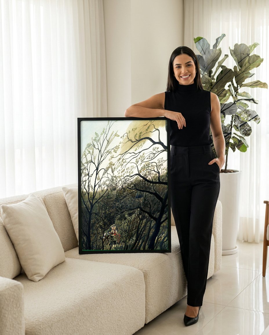 Quadro Decorativo Os Amantes - Henri Rousseau com modelo em ambiente