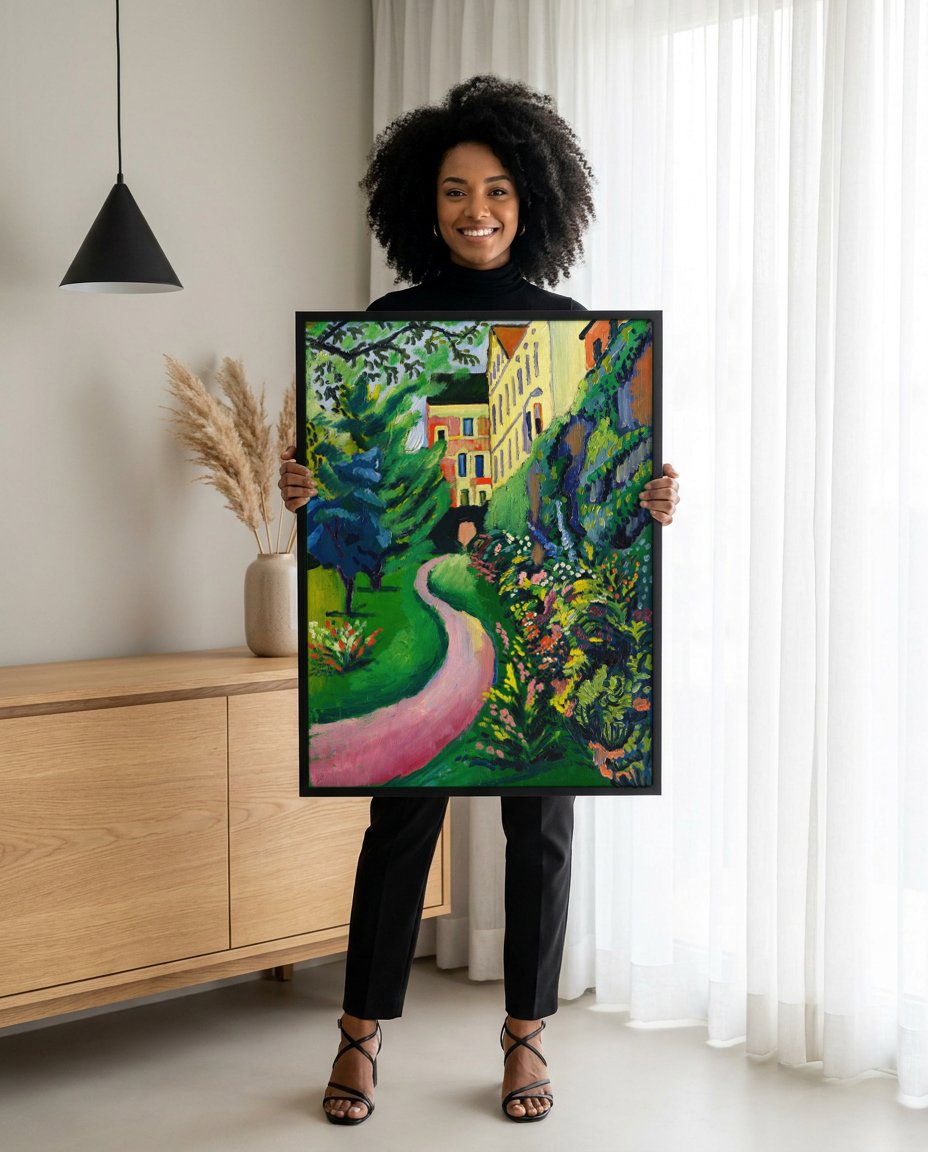 Quadro Decorativo Jardim em Berna - August Macke com modelo em ambiente