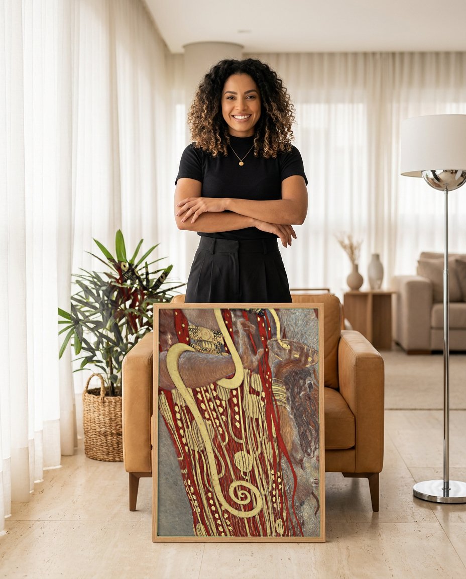 Quadro Decorativo 'Medicina' (Serpente) - Gustav Klimt com modelo em ambiente