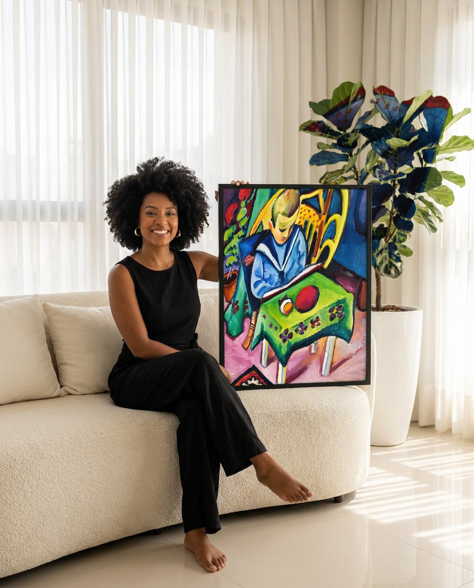 Quadro Decorativo O Menino Lendo - August Macke com modelo em ambiente