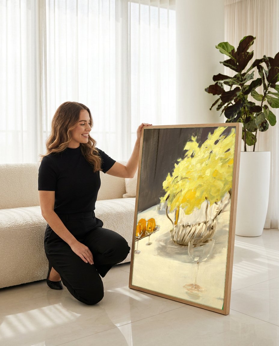 Quadro Decorativo 'Vaso de Flores e Frutas' - John Singer Sargent com modelo em ambiente