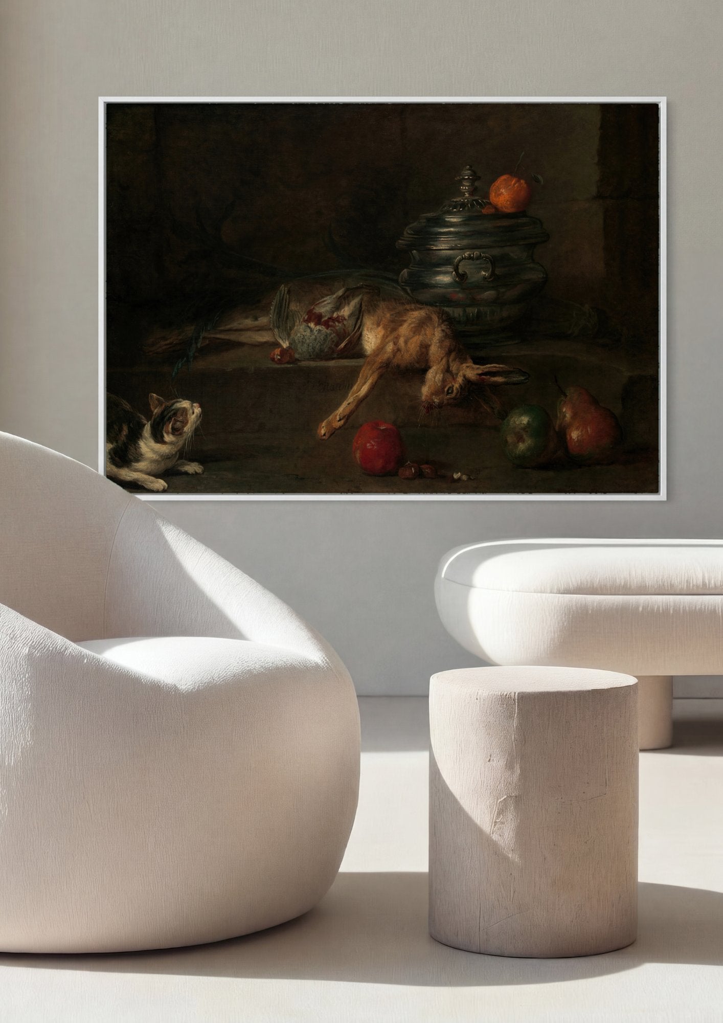 Quadro Decorativo A Lebre, o Gato e Frutas - Chardin em ambiente decorado
