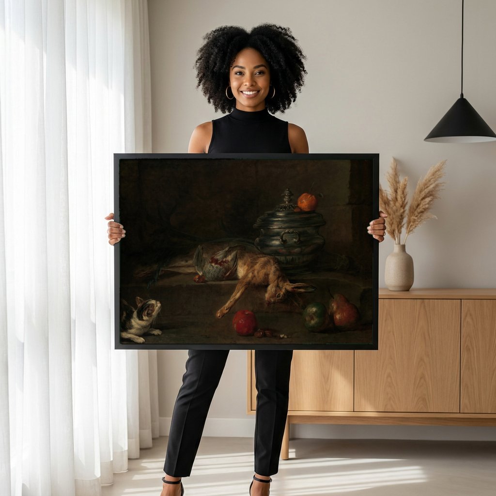 Quadro Decorativo A Lebre, o Gato e Frutas - Chardin com modelo em ambiente