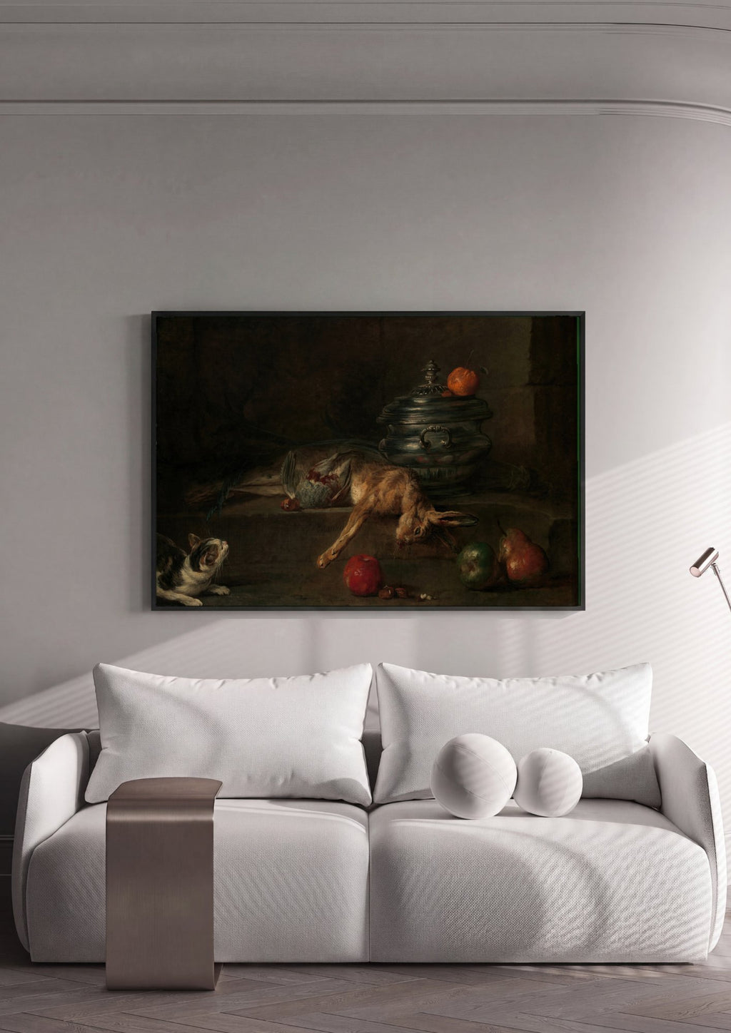 Quadro Decorativo A Lebre, o Gato e Frutas - Chardin em ambiente decorado