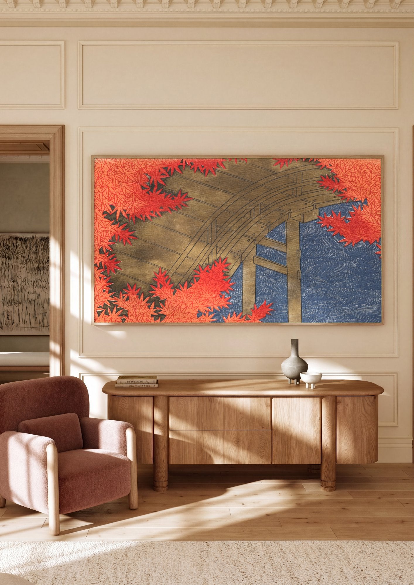 Quadro Decorativo Ponte e Folhas de Outono - Kamisaka Sekka em ambiente decorado