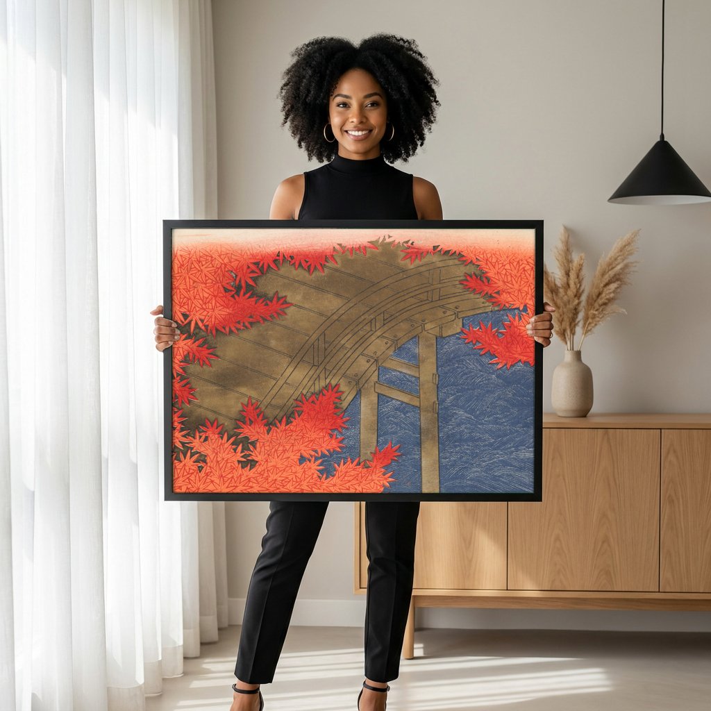 Quadro Decorativo Ponte e Folhas de Outono - Kamisaka Sekka com modelo em ambiente