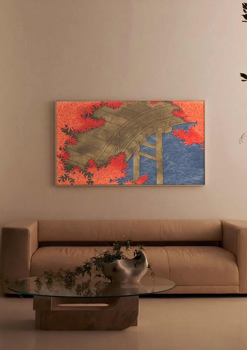 Quadro Decorativo Ponte e Folhas de Outono - Kamisaka Sekka em ambiente decorado