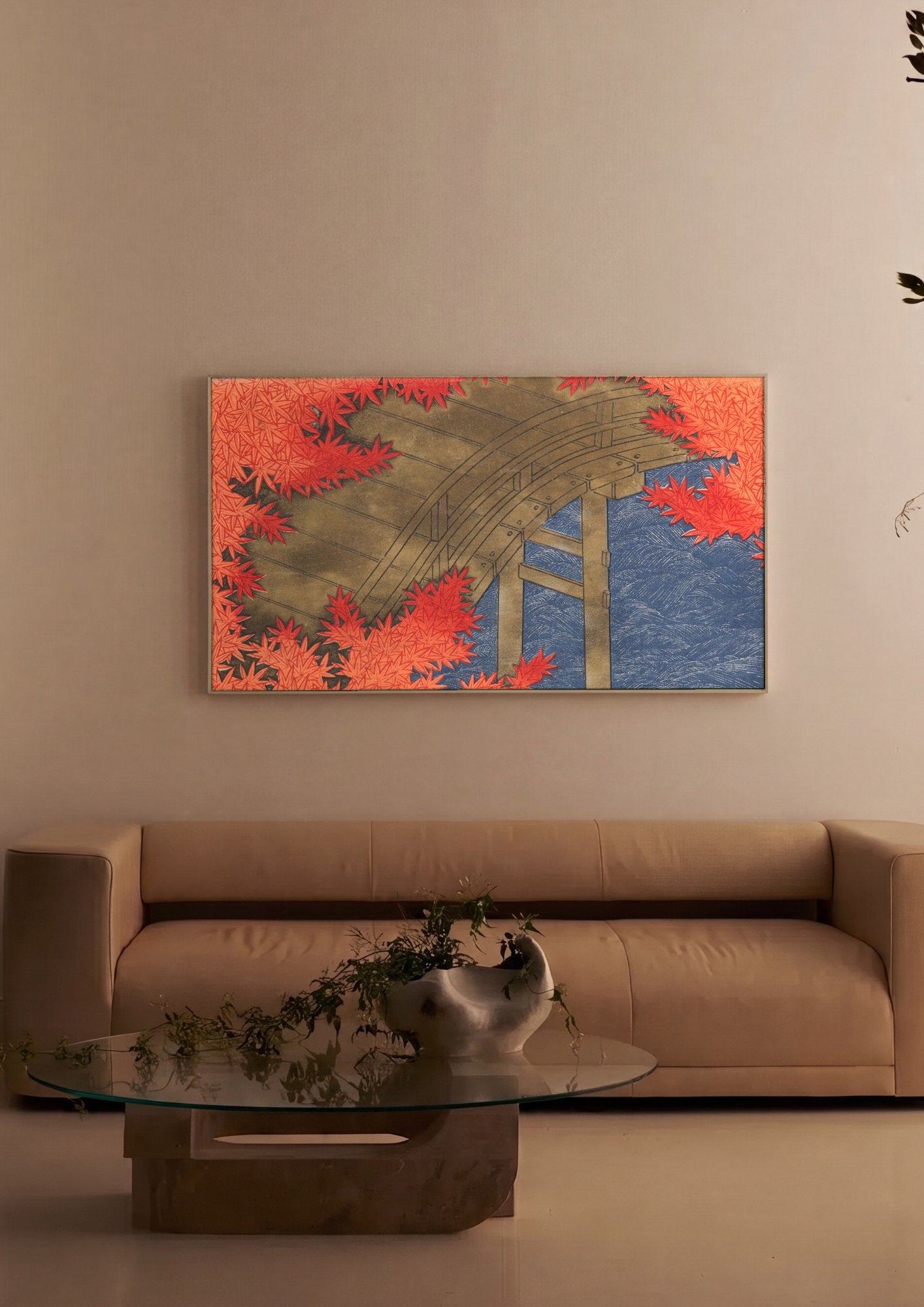 Quadro Decorativo Ponte e Folhas de Outono - Kamisaka Sekka em ambiente decorado