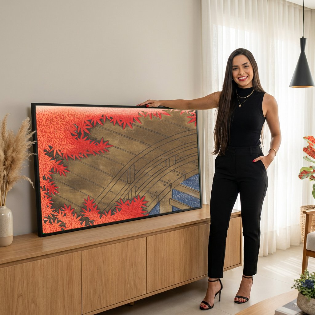 Quadro Decorativo Ponte e Folhas de Outono - Kamisaka Sekka com modelo em ambiente