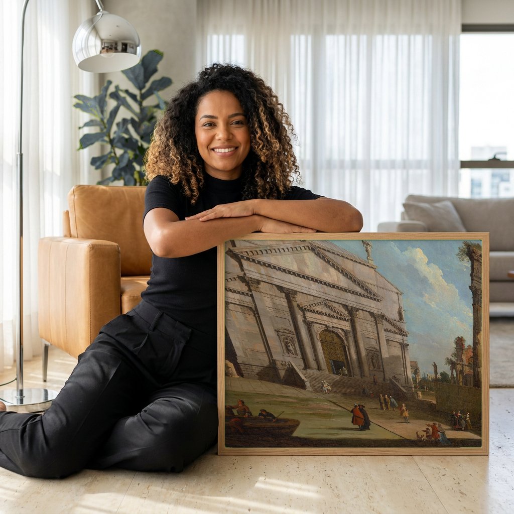 Quadro Decorativo 'Roma: o Pantheon e Outros Monumentos' - Canaletto com modelo em ambiente