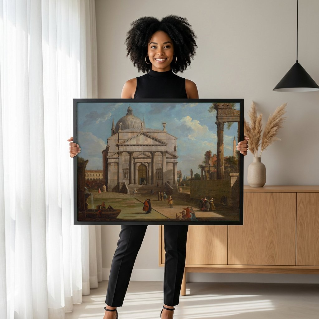 Quadro Decorativo 'Roma: o Pantheon e Outros Monumentos' - Canaletto com modelo em ambiente